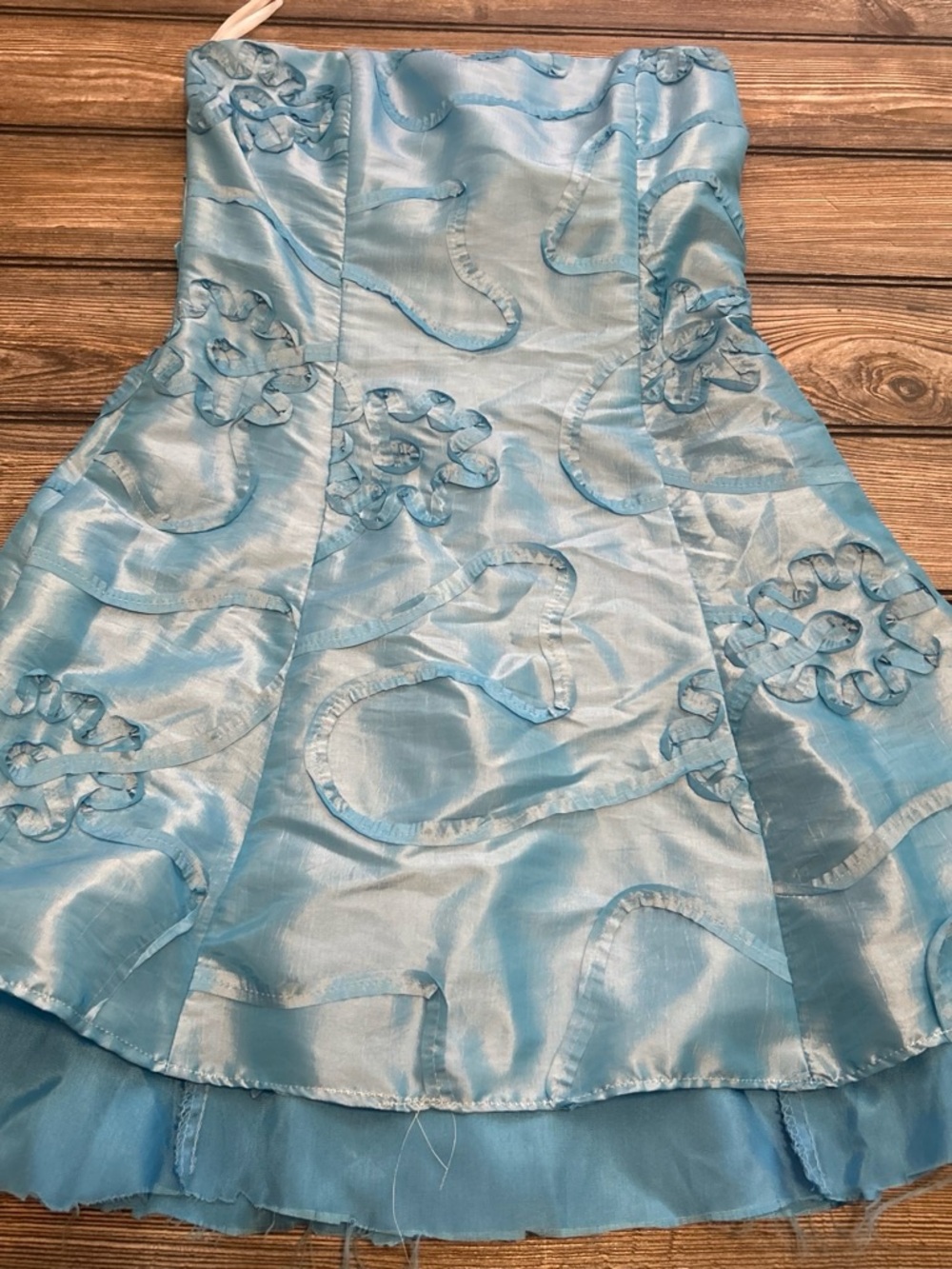 Vintage Light Blue Party Dress - Strapless Floral Appliqué